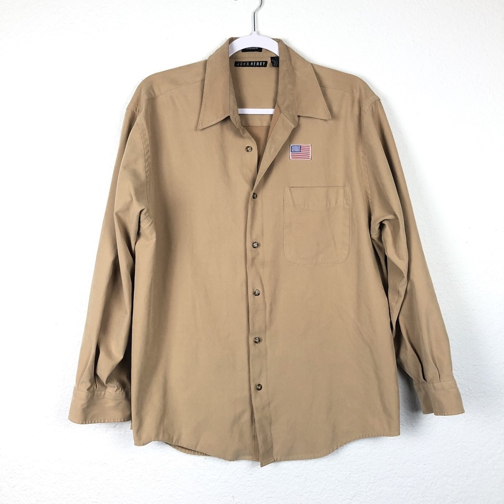 Mens Button Up shirt size L SUEDED JOHN HENRY Long Sleeve